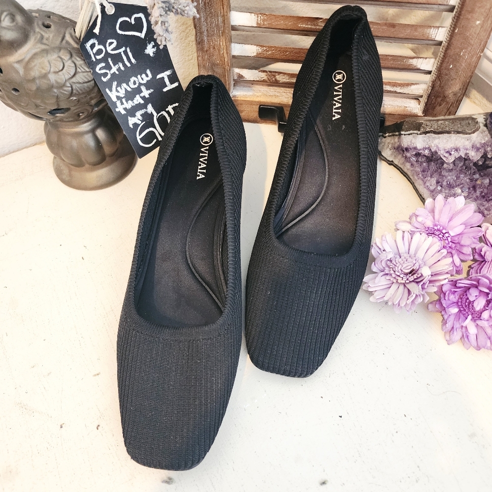 VIVAIA MELODY PUMPS BLACK KNIT FABRIC SQUARE TOE CHINKY BLOCK HEEL SIZE 39 - Picture 7 of 13